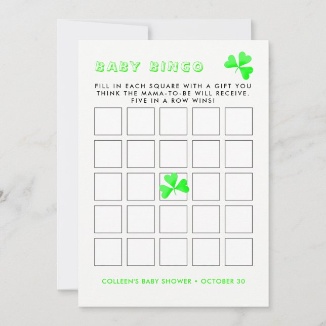 Irish Leprechaun Lucky Kleeblatt Baby Bingo Einladung (Vorderseite)