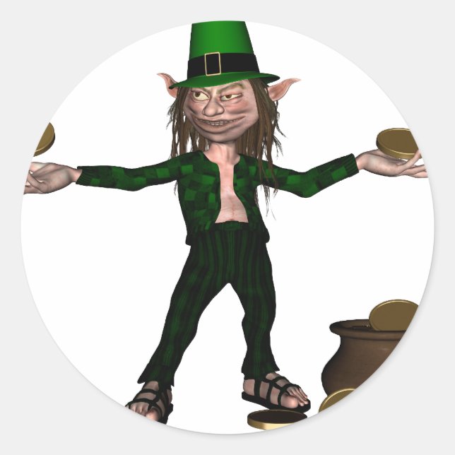 Irish Leprechaun mit Münzen und einem Topf Gold Runder Aufkleber (Vorderseite)