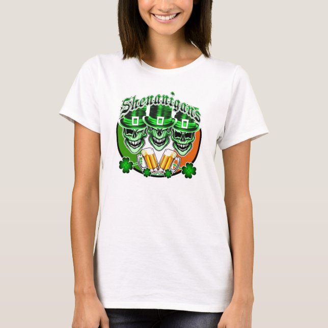 Irish Leprechaun Skulls lachen: Shenanigans T-Shirt (Vorderseite)