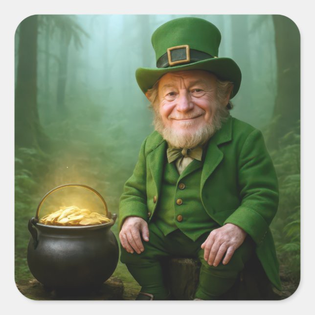 Irish Leprechaun with a Pot of Gold Quadratischer Aufkleber (Vorderseite)