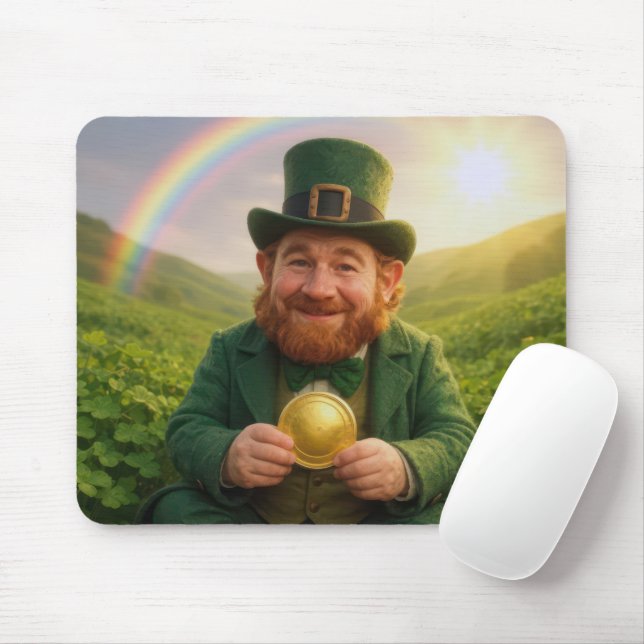 Irish Leprechaun With Gold Coin and Rainbow Mousepad (Mit Mouse)