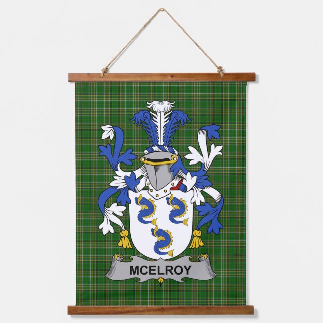 Irish McElroy or Gilroy Coat of Arms Family Crest Wandteppich Mit Holzrahmen (Vorderseite)