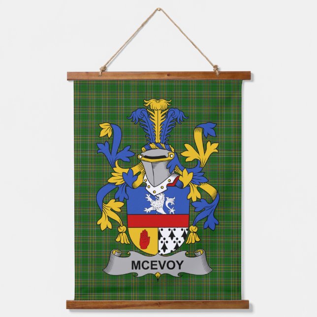 Irish McEvoy or McKelvey Coat of Arms Family Crest Wandteppich Mit Holzrahmen (Vorderseite)