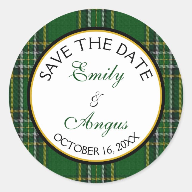 Irish National Tartan Wedding Save the Date Runder Aufkleber (Vorderseite)