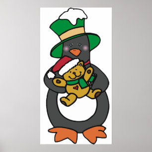 Irish Penguin hält Weihnachts-Teddybär Poster