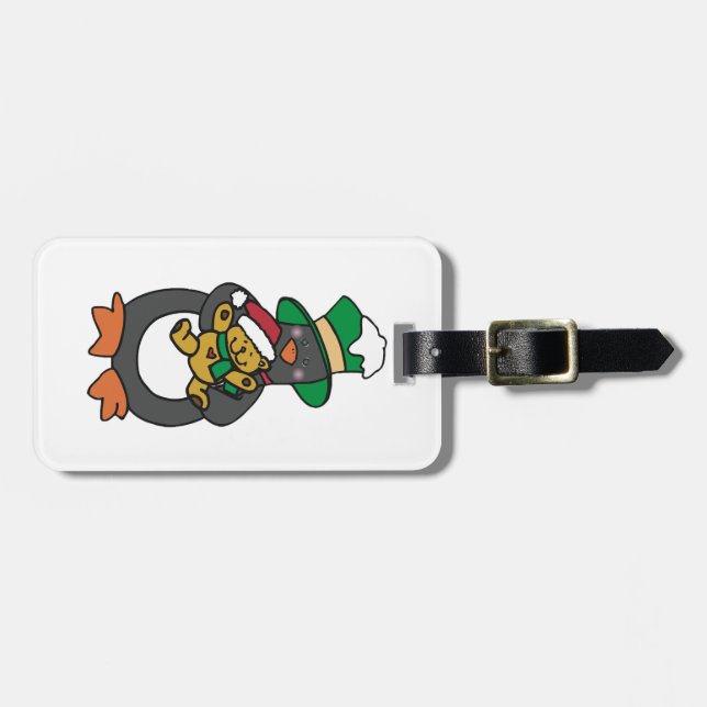 Irish Penguin Holding Christmas Teddy Bear Gepäckanhänger (Vorderseite horizontal)