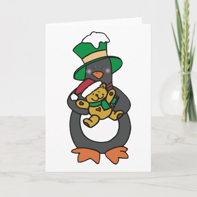 Irish Penguin Holding Christmas Teddy Bear Karte (Vorderseite)