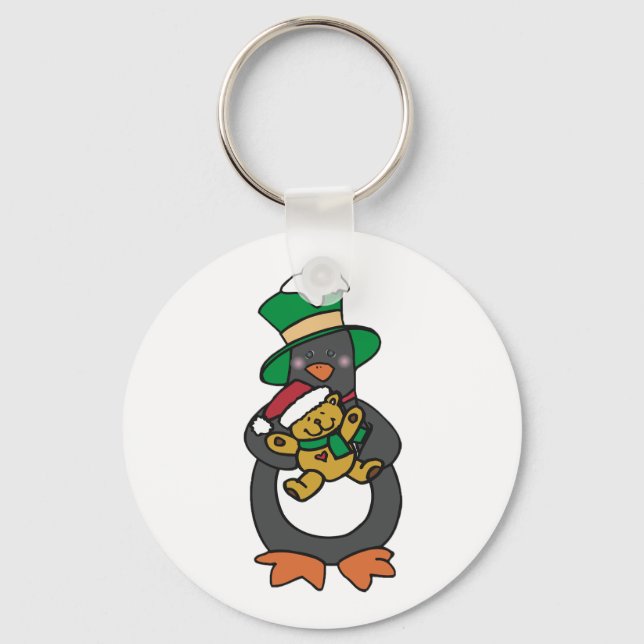Irish Penguin Holding Christmas Teddy Bear Schlüsselanhänger (Vorderseite)
