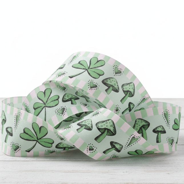 Irish Pink & Green Kleeblatts Hearts & Mushrooms 3 Ripsband (Pink and Green Shamrock & Hearts Pattern Saint Patrick's Day Ribbon for Kids Birthday Party. )