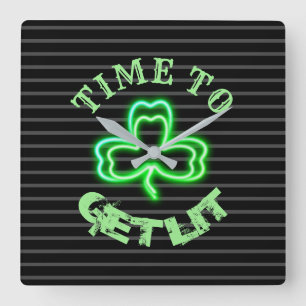 Irish Pub Black Green Kleeblatt Neonuhr Quadratische Wanduhr