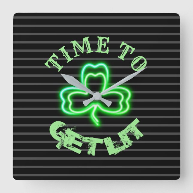 Irish Pub Black Green Kleeblatt Neonuhr Quadratische Wanduhr (Vorderseite)