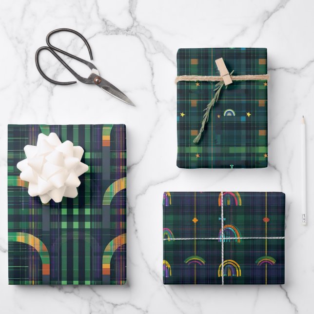 Irish Rainbow St Patrick Tartan Kariertes Set 4 Geschenkpapier Set (Vorderseite)