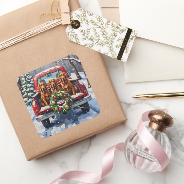 Irish Red Setter Christmas Red Truck Holiday Quadratischer Aufkleber (Schenken)