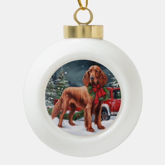 Irish Red Setter Dog in Schnee Weihnachten Keramik Kugel-Ornament (Vorderseite)