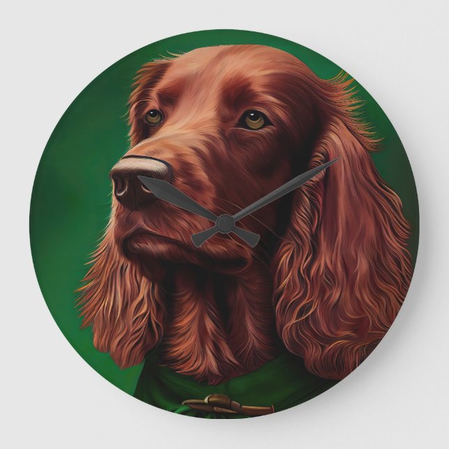 Irish Red Setter Dog in St. Patrick's Day Dress Große Wanduhr (Vorderseite)