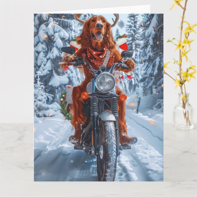 Irish Red Setter Dog Riding Motorrad Weihnachten Karte (Gelbe Blume)