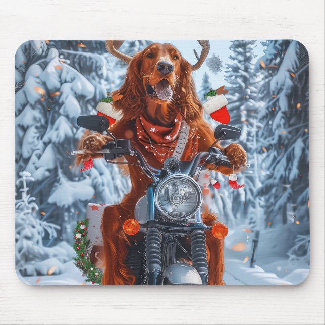 Irish Red Setter Dog Riding Motorrad Weihnachten Mousepad (Vorne)