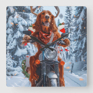 Irish Red Setter Dog Riding Motorrad Weihnachten Quadratische Wanduhr
