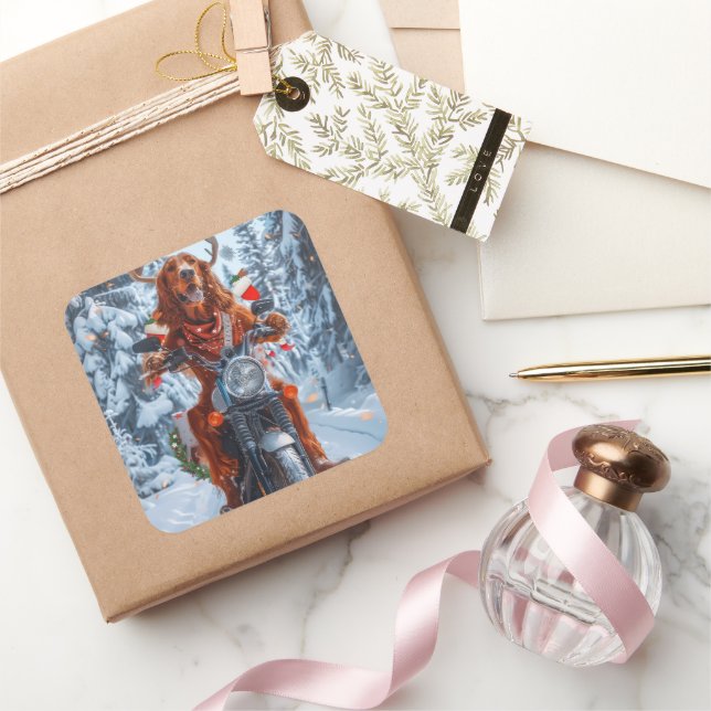 Irish Red Setter Dog Riding Motorrad Weihnachten Quadratischer Aufkleber (Schenken)