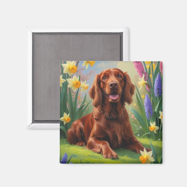 Irish Red Setter Dog Spring Blumen Malerei Magnet (Vorderseite/Rückseite)