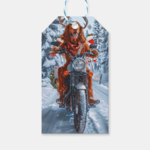 Irish Red Setter Hund fährt Motorrad Weihnachten Geschenkanhänger