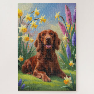 Irish Red Setter Hund Frühlingsblumen Malerei Puzzle