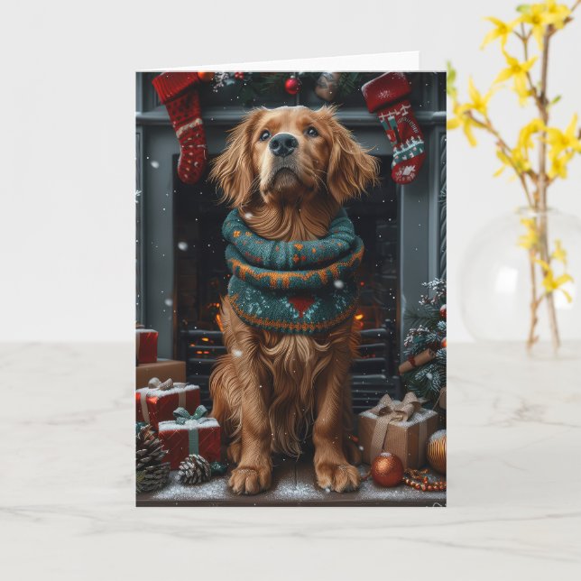 Irish Red Setter Hund mit Weihnachtsgeschenk Kamin Karte (Gelbe Blume)