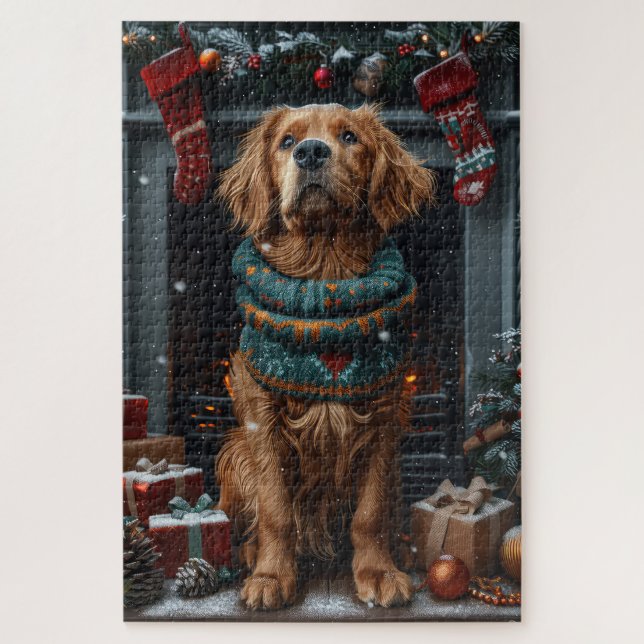 Irish Red Setter Hund mit Weihnachtsgeschenk Kamin Puzzle (Vertikal)