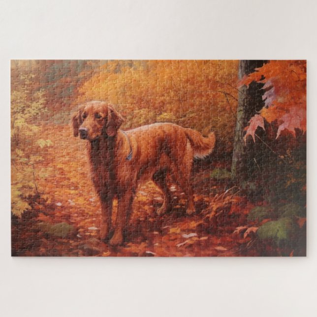 Irish Red Setter im Herbst Leaves Fall Inspiriert Puzzle (Horizontal)