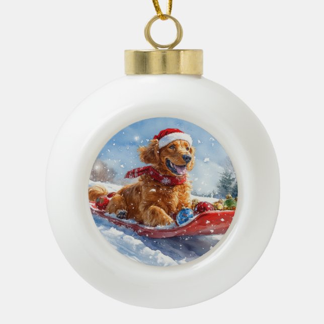 Irish Red Setter in Sledge Let it Snow Christmas Keramik Kugel-Ornament (Vorderseite)