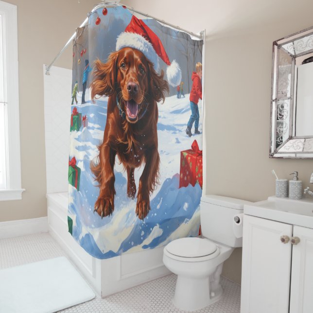 Irish Red Setter Running Snow mit Weihnachtshut Duschvorhang (Beispiel)