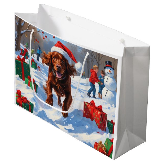 Irish Red Setter Running Snow mit Weihnachtshut Große Geschenktüte (Vorderseite Schrägansicht)