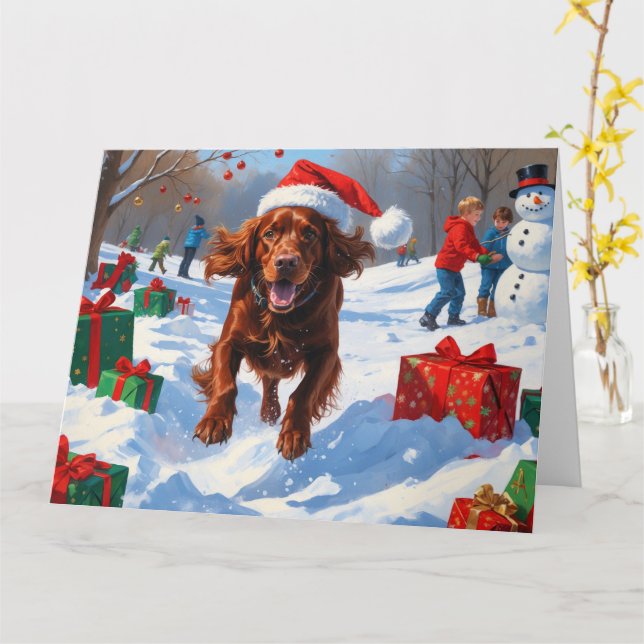 Irish Red Setter Running Snow mit Weihnachtshut Karte (Gelbe Blume)
