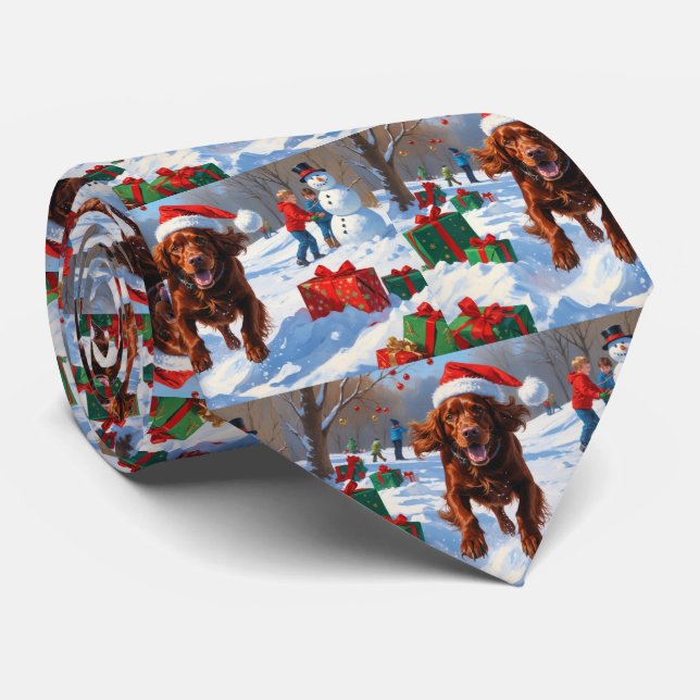 Irish Red Setter Running Snow mit Weihnachtshut Krawatte (Gerollt)