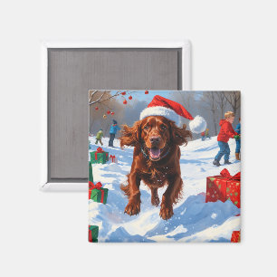 Irish Red Setter Running Snow mit Weihnachtshut Magnet