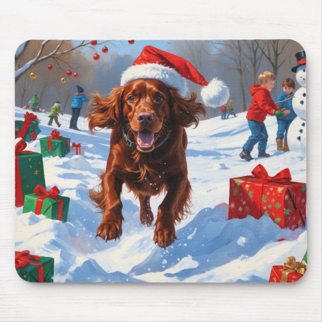Irish Red Setter Running Snow mit Weihnachtshut Mousepad (Vorne)