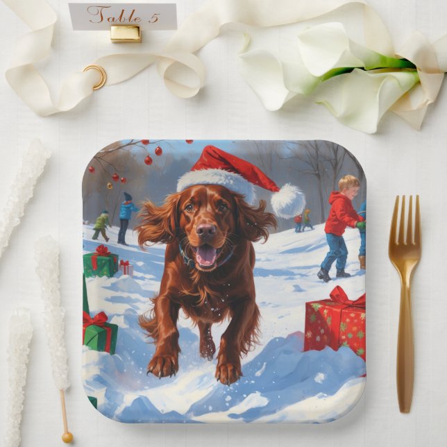 Irish Red Setter Running Snow mit Weihnachtshut Pappteller (Hochzeit)