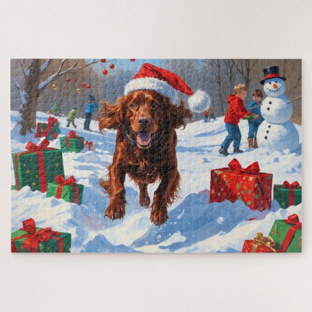 Irish Red Setter Running Snow mit Weihnachtshut Puzzle (Horizontal)