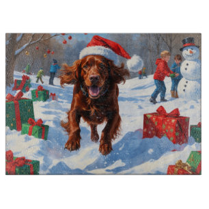 Irish Red Setter Running Snow mit Weihnachtshut Schneidebrett