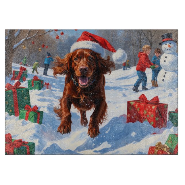 Irish Red Setter Running Snow mit Weihnachtshut Schneidebrett (Vorderseite)