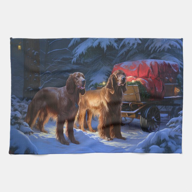 Irish Red Setter Snowy Sleigh Weihnachtsdekor Geschirrtuch (Horizontal)