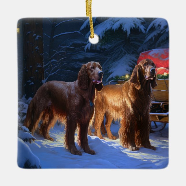 Irish Red Setter Snowy Sleigh Weihnachtsdekor Keramikornament (Vorderseite)