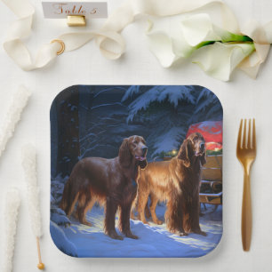 Irish Red Setter Snowy Sleigh Weihnachtsdekor Pappteller