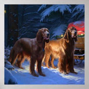 Irish Red Setter Snowy Sleigh Weihnachtsdekor Poster