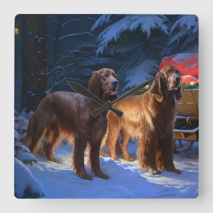 Irish Red Setter Snowy Sleigh Weihnachtsdekor Quadratische Wanduhr
