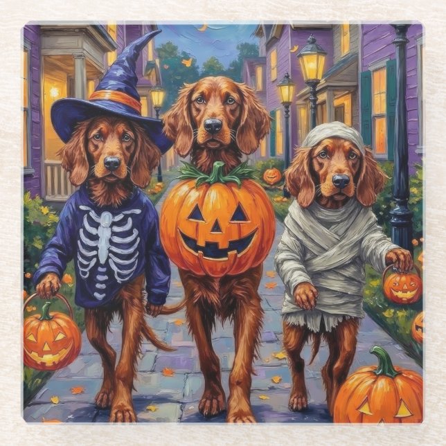 Irish Red Setter Trick-or-Treating Halloween Glasuntersetzer (Vorderseite)