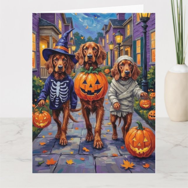 Irish Red Setter Trick-or-Treating Halloween Karte (Vorderseite)