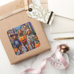Irish Red Setter Trick-or-Treating Halloween Quadratischer Aufkleber
