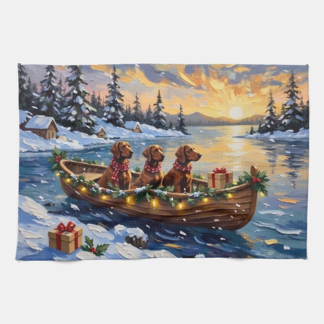 Irish Red Setter Weihnachtsboot Urlaub Geschirrtuch (Horizontal)