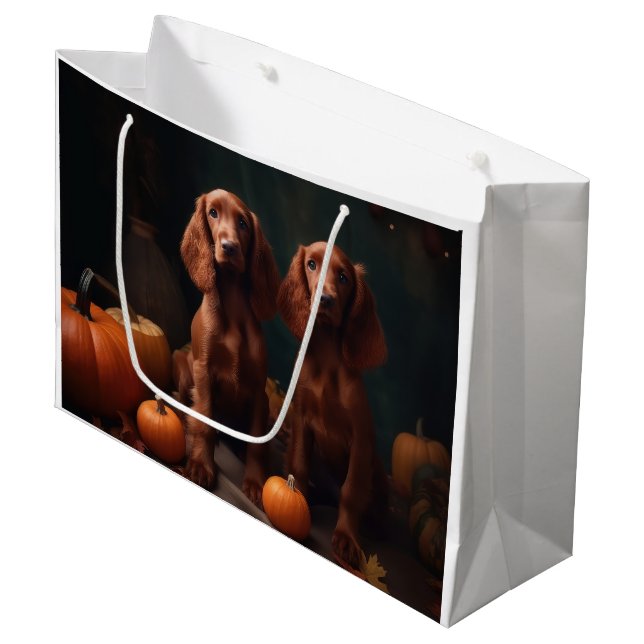 Irish Red Setter Welppy Autumn Delight Pumpkin Große Geschenktüte (Vorderseite Schrägansicht)